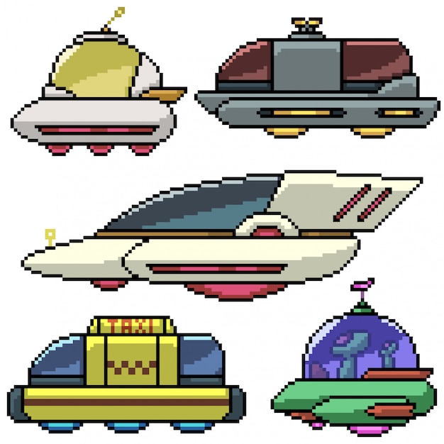 Pixel art set isolated sci-fi car