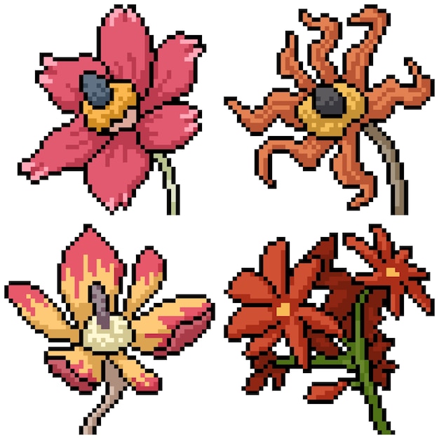 Vector pixel art set isolated strange flower