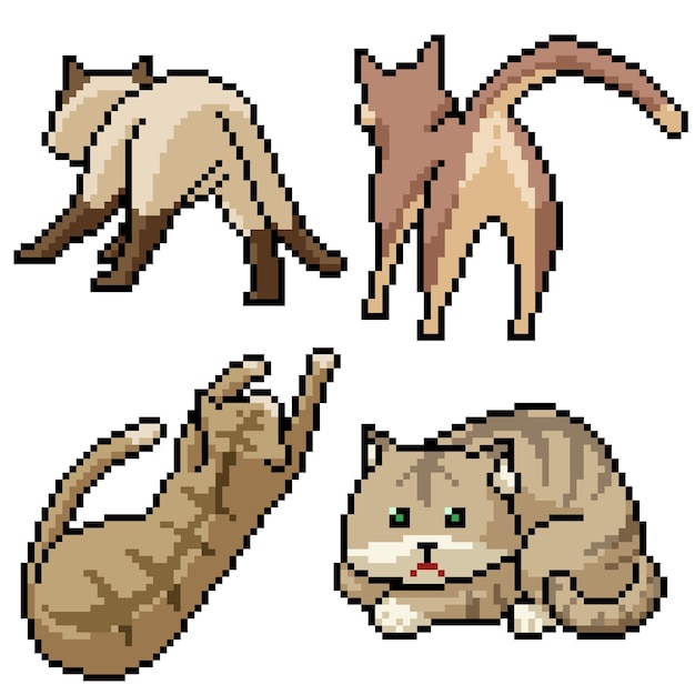 Vector pixel art set isolated stray cat