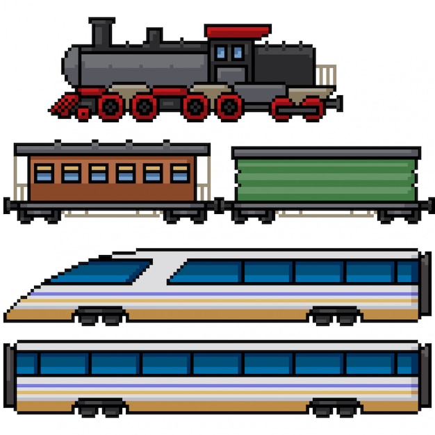 픽셀 아트 세트 고립 된 기차 복고풍 현대