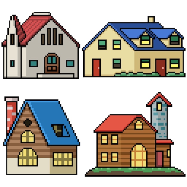 Vector pixel art set isolated village house