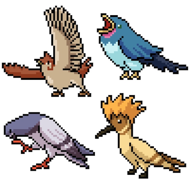 Pixel art set isolated wild bird