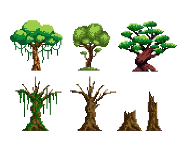 Vettore pixel art set di alberi alberi tropicali alberi secchi e ceppi 8 bit isolati su sfondo