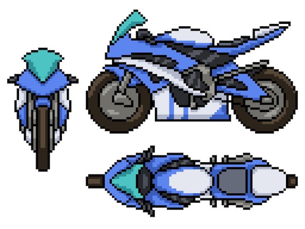 Pixel art set van geïsoleerde moderne motorfiets