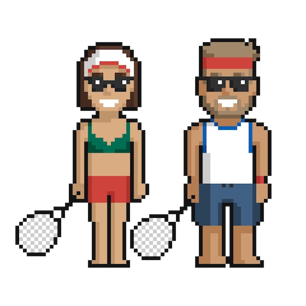 Pixel art set van schattige jongen en meisje op het strand met badminton op een witte achtergrond