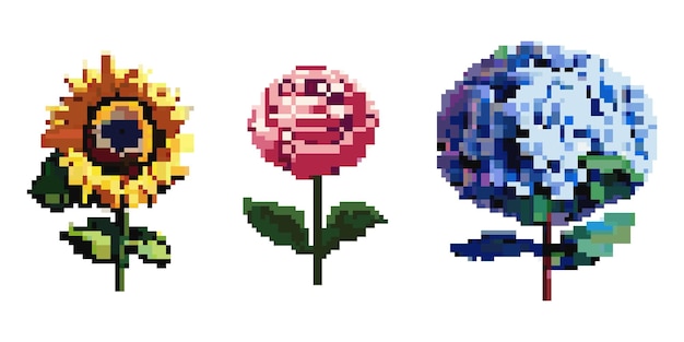 Pixel art set with flowers