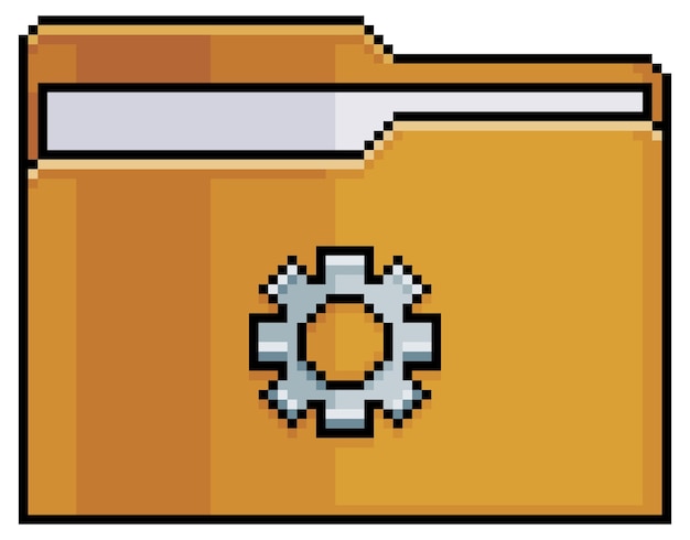 Pixel art settings folder Folder with gear icon vector icon for 8bit game on white background