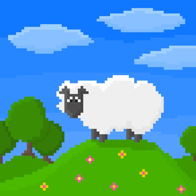 Pixel art sheep stands on the hill