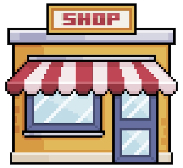 Vector pixel art shop store front with awning vector build for 8bit game on white background