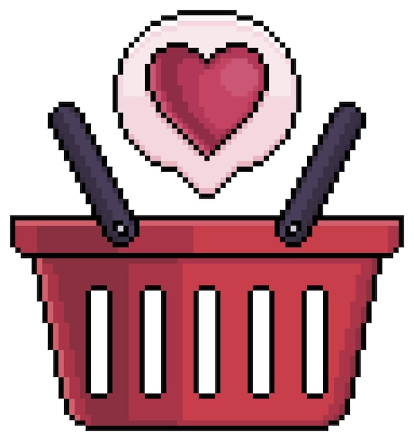 Pixel art shopping basket with bookmark icon, heart icon vector icon for 8bit game