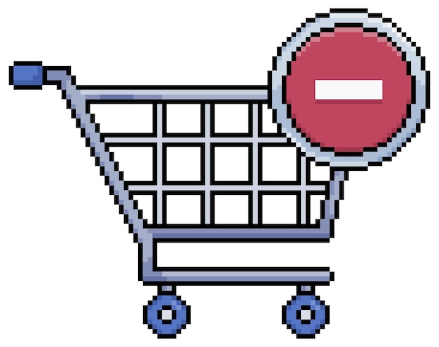 Pixel art shopping cart with remove items icon vector icon for 8bit game on white background