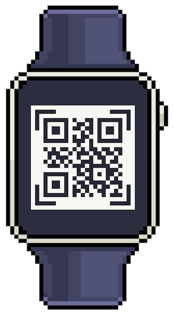 Пиксельные умные часы с векторным значком QR-кода для 8-битной игры на белом фоне