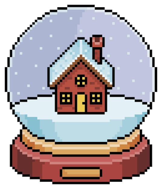 Pixel art sneeuwbol met huis vector pictogram voor 8-bits spel op witte achtergrond