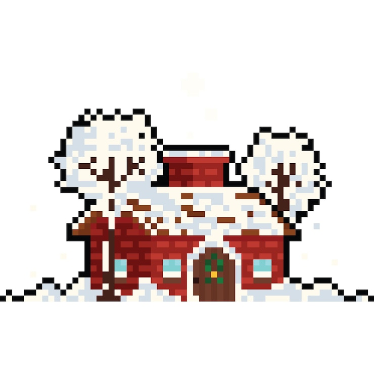 Vector pixel art snowy red house with snowy tree