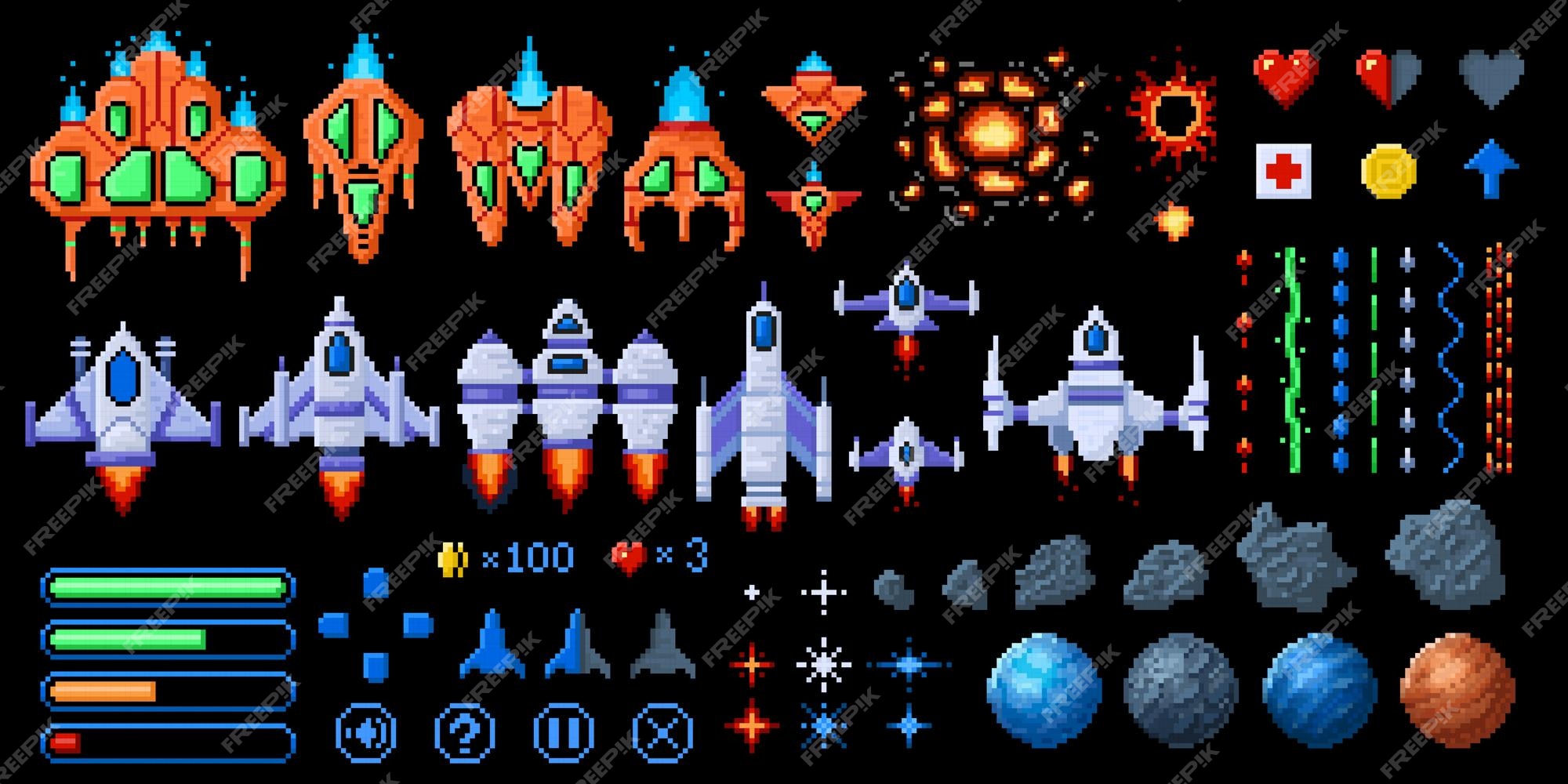 Premium Vector  Old pixel art style ufo space war game. pixel monsters and  spaceship. retro game, 8 bit