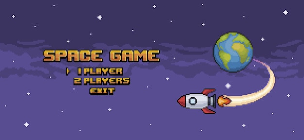 Schermata iniziale del gioco spaziale pixel art, menu di gioco con razzo che vola sopra la terra sfondo di gioco a 8 bit