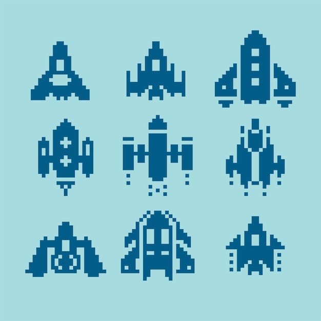 Pixel art. spaceship set collection