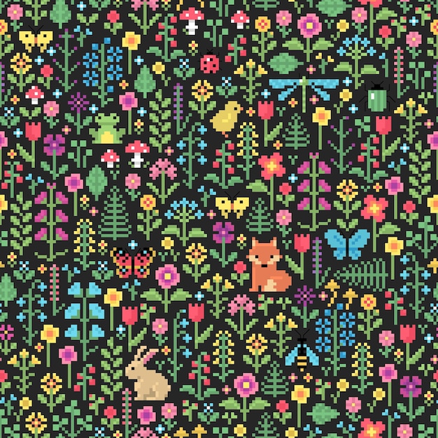 Pixel art spring pattern flowers animals plants Vector seamless background dark