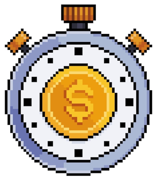 白い背景の上の8ビットゲームのコイン投資時間ベクトルアイコンとピクセルアートストップウォッチ