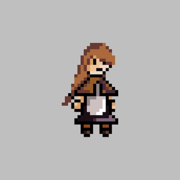 Pixel art style, old videogames style, retro style 18 bit female villager with brown hair and apron