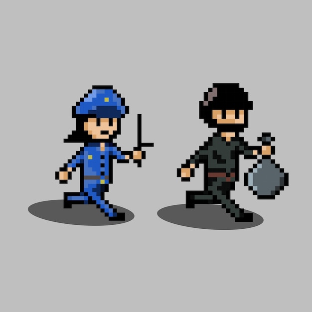 pixel art style, old videogames style, retro style 18 bit policewoman run chasing robber