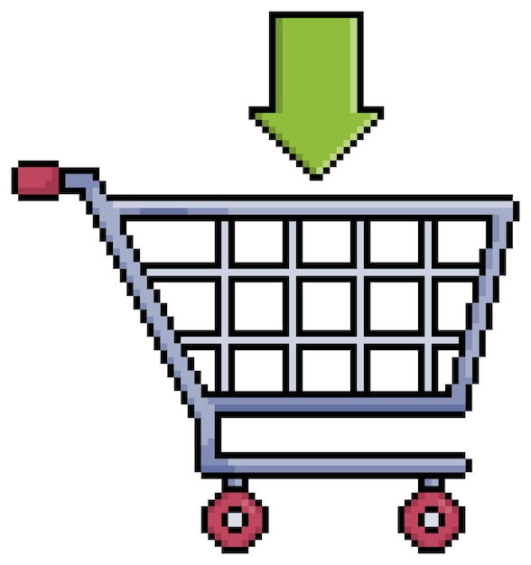 Pixel art supermarket cart with add arrow, shopping cart vector icon for 8bit game