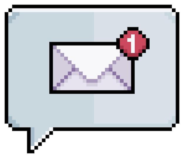 Pixel art tekstballon met e-mail melding pictogram vector pictogram voor 8-bits spel op witte achtergrond