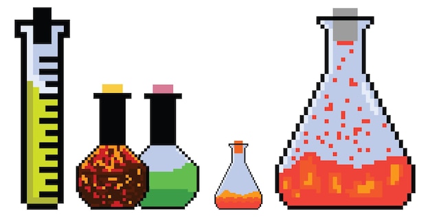 pixel art test tube, science Laboratory glassware pixel set.