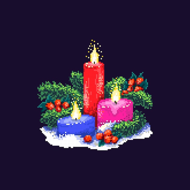 Pixel art tre candele accese abeti e bacche di agrifoglio composizione di natale e capodanno