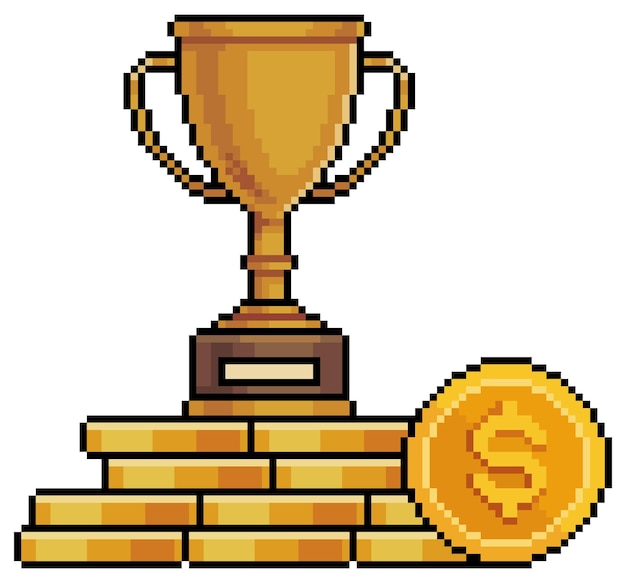 Pixel art trofee over stapel geld en munten vector pictogram voor 8-bits spel op witte achtergrond