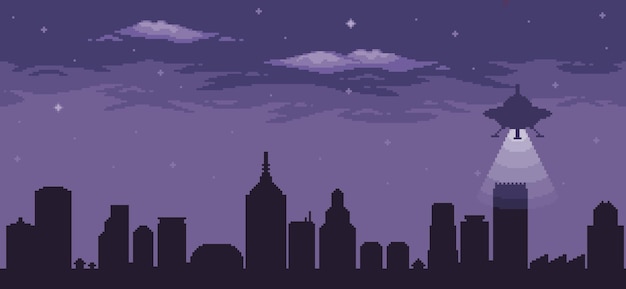 Pixel art ufo che sorvola la città di notte astronave aliena che vola con luci su sfondo vettoriale a 8 bit