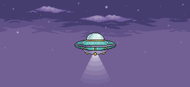 Pixel art ufo nel cielo notturno astronave aliena che vola con luci su sfondo vettoriale a 8 bit