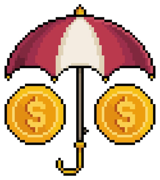 Пиксельный зонт, покрывающий векторную иконку защиты инвестиций монет для 8-битной игры