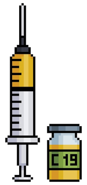 Пиксель арт шприц вакцины covid и значок ампулы для битовой игры на белом фоне