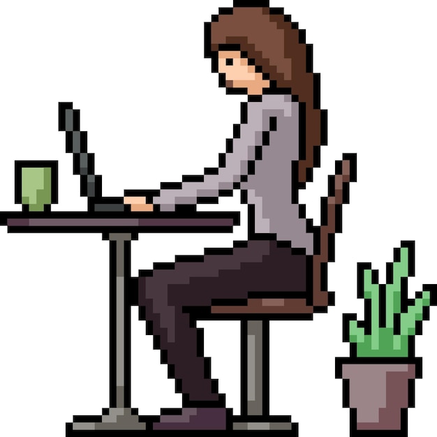 pixel art van vrouw die laptop speelt