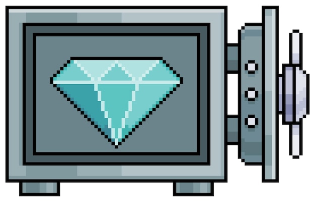 Vector pixel art vault with diamond, open vault safe box vector icon for 8bit game on white background