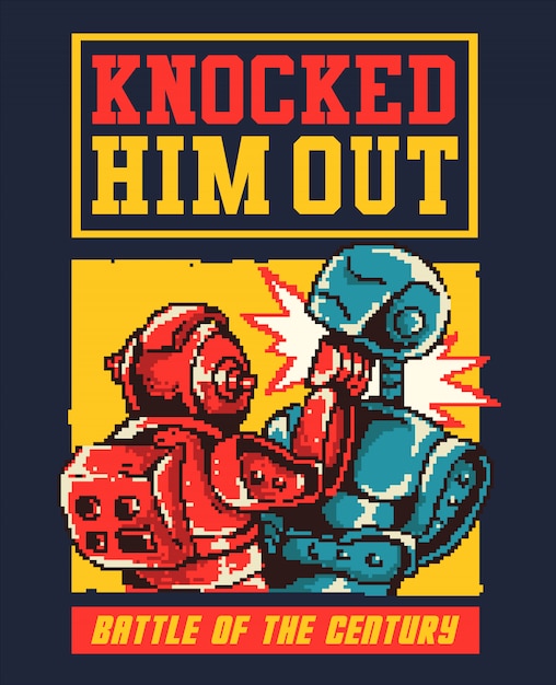 Pixel art vector illustration of robot battle and punch each other in the arena  with 80s colors style.