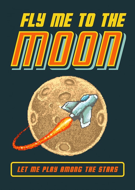 Pixel art vector illustration of space shuttle flying to the moon with 80s video game colors style