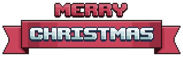 Pixel art vrolijk kerstfeest op rode banner. Kerst lint vector icoon voor 8bit game