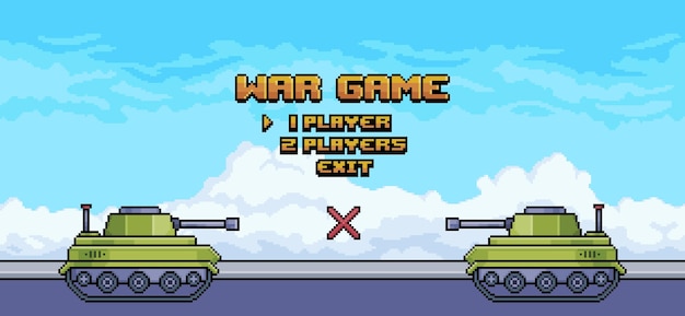 벡터 거리에 전쟁 탱크가 있는 픽셀 아트 전쟁 게임 시작 화면, 8비트 게임의 벡터 배경