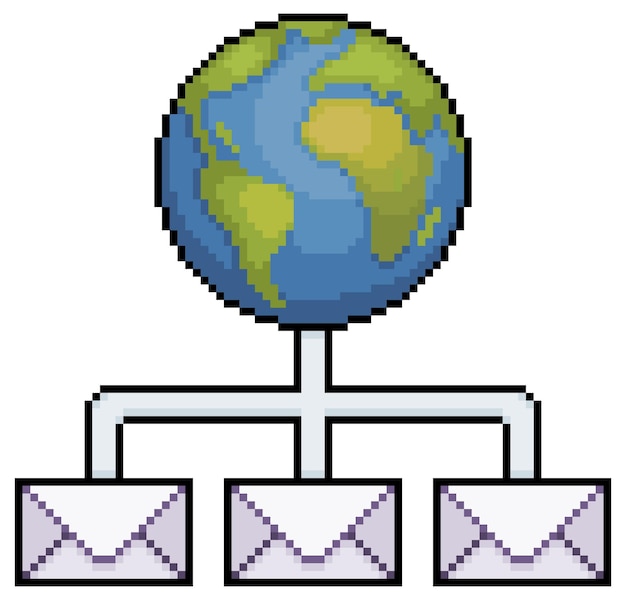 Pixel art wereld e-mailnetwerk, planeet aarde met letterpictogram vector pictogram voor 8bit game