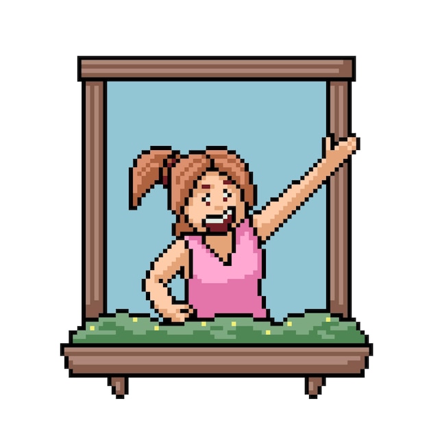 Pixel art window woman greeting