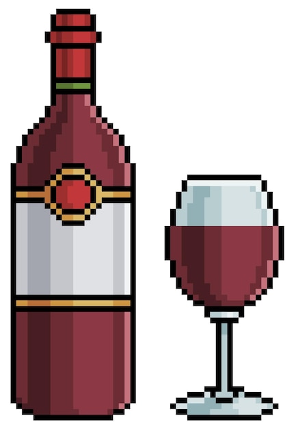 Bottiglia di vino pixel art e vetro. elemento di gioco a 8 bit per bevanda alcolica