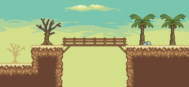 Pixel art woestijn game scene met palmboom cactussen brug boom 8bit achtergrond