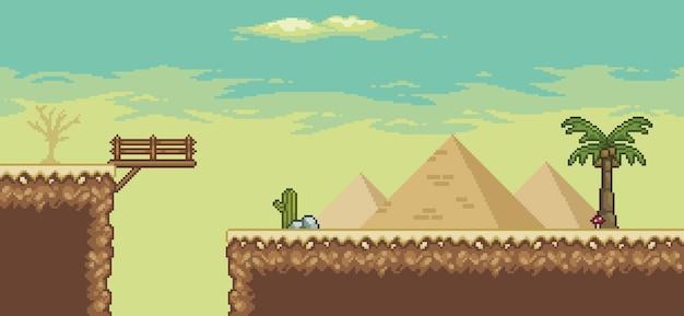 Pixel art woestijn game scene met piramide brug palmboom cactussen 8bit achtergrond