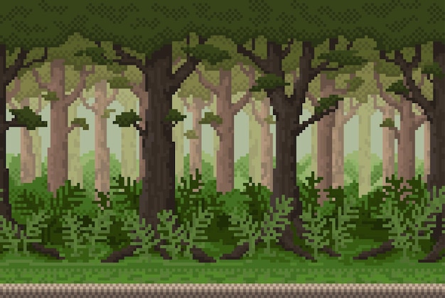 Vector pixel background with forest for games and mobile applications. seamless when docking horizontally.