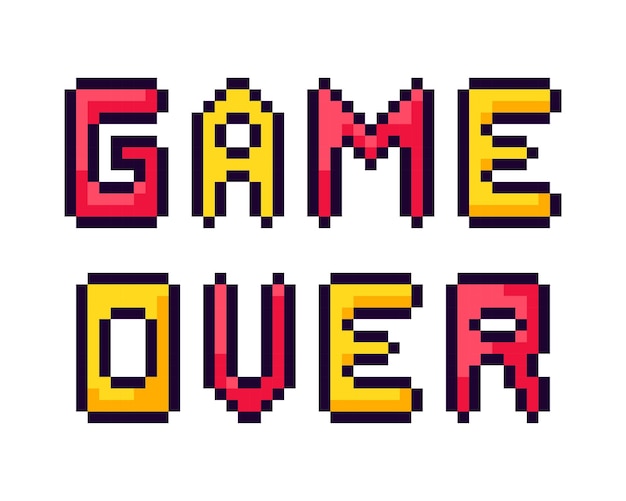 Vettore pixel banner la frase game over, schermata game over.