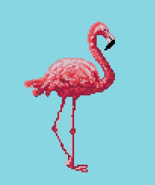 Pixel bird fenicottero rosa isolato su sfondo blu