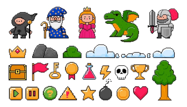 pixel bit game element retro 8bit video game arcade character old computer interface button digital princess and dragon console pixels elements vector set