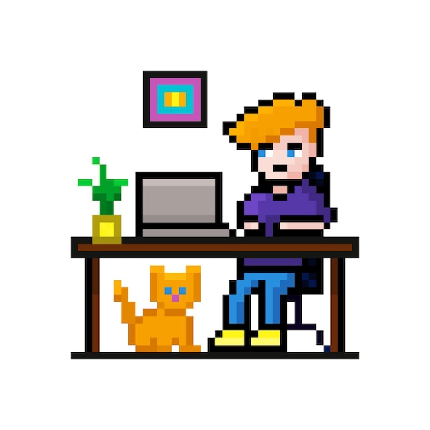 Пиксель мальчик играет на ноутбуке милый оранжевый кот